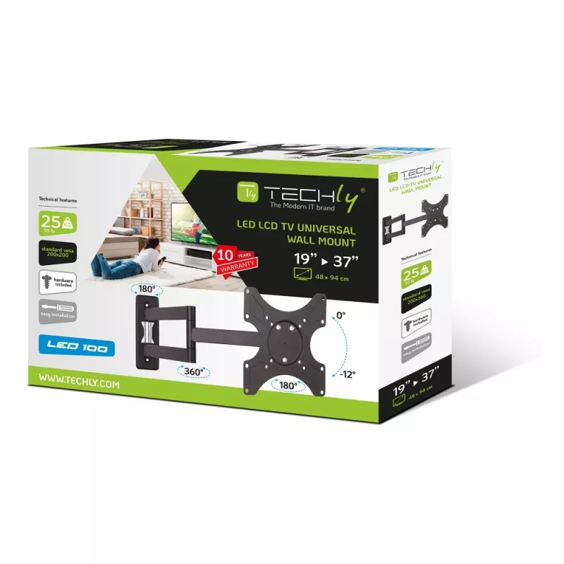 Techly 19-37 collu sienas kronšteins LED LCD televizoram, noliecams, 3 savienojumi, melns” ICA-LCD 2903