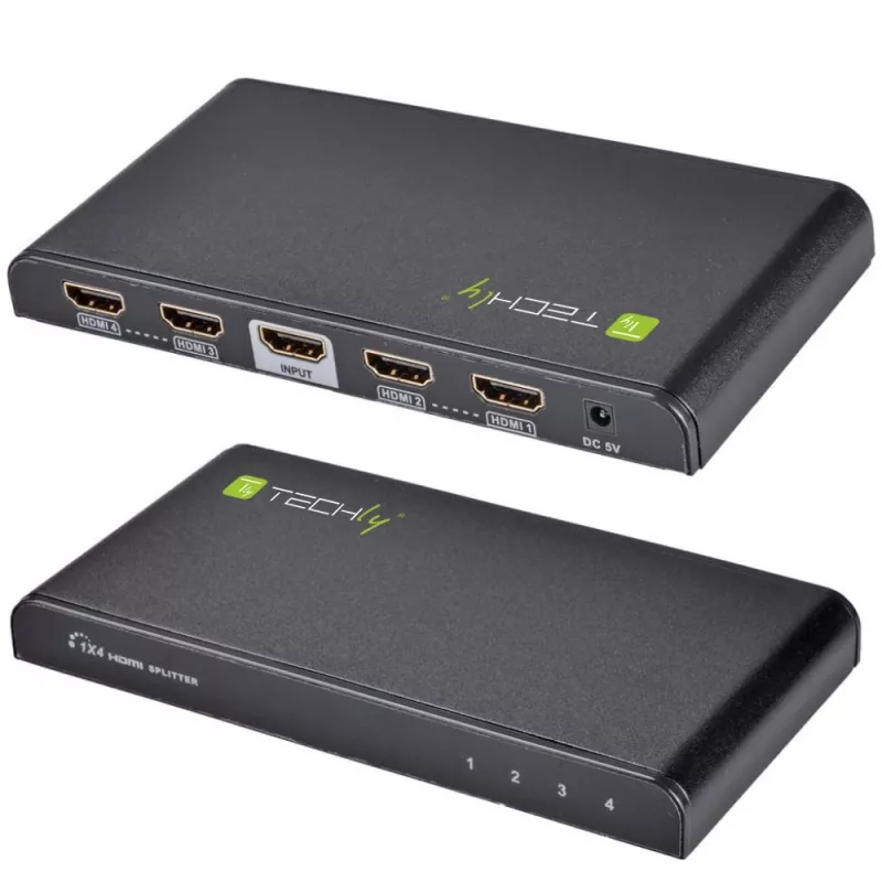 Techly HDMI sadalītājs, 4 virzienu, 4K*2K, IDATA HDMI-4K4, HDMI, 4x HDMI, 1x HDMI F, 4096 x 2160 pikseļi, melns, 36 biti