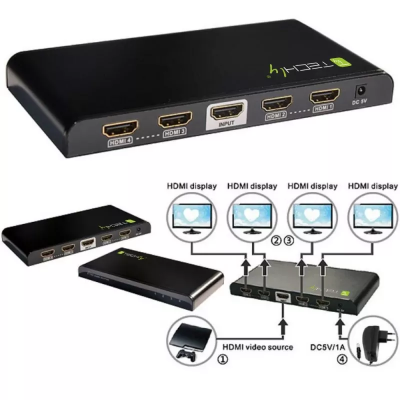 Techly HDMI sadalītājs, 4 virzienu, 4K*2K, IDATA HDMI-4K4, HDMI, 4x HDMI, 1x HDMI F, 4096 x 2160 pikseļi, melns, 36 biti