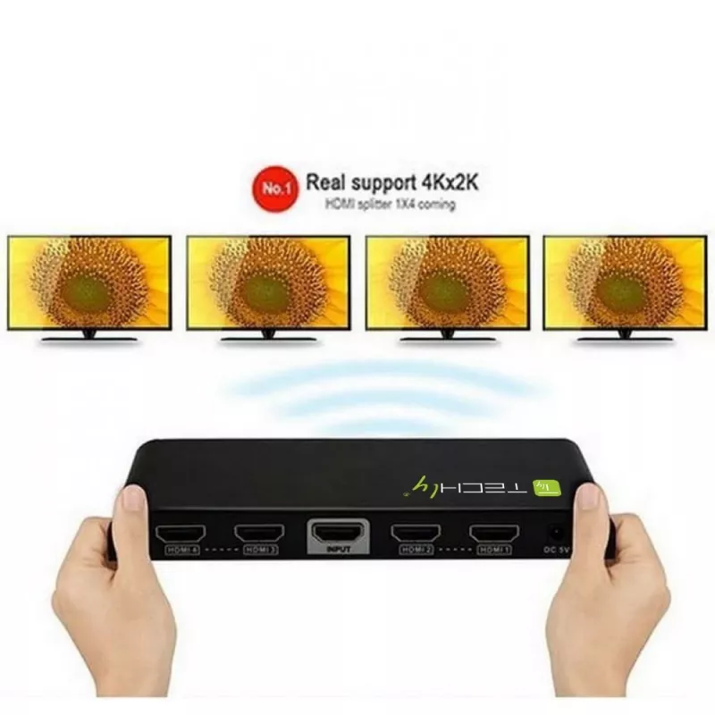 Techly HDMI sadalītājs, 4 virzienu, 4K*2K, IDATA HDMI-4K4, HDMI, 4x HDMI, 1x HDMI F, 4096 x 2160 pikseļi, melns, 36 biti