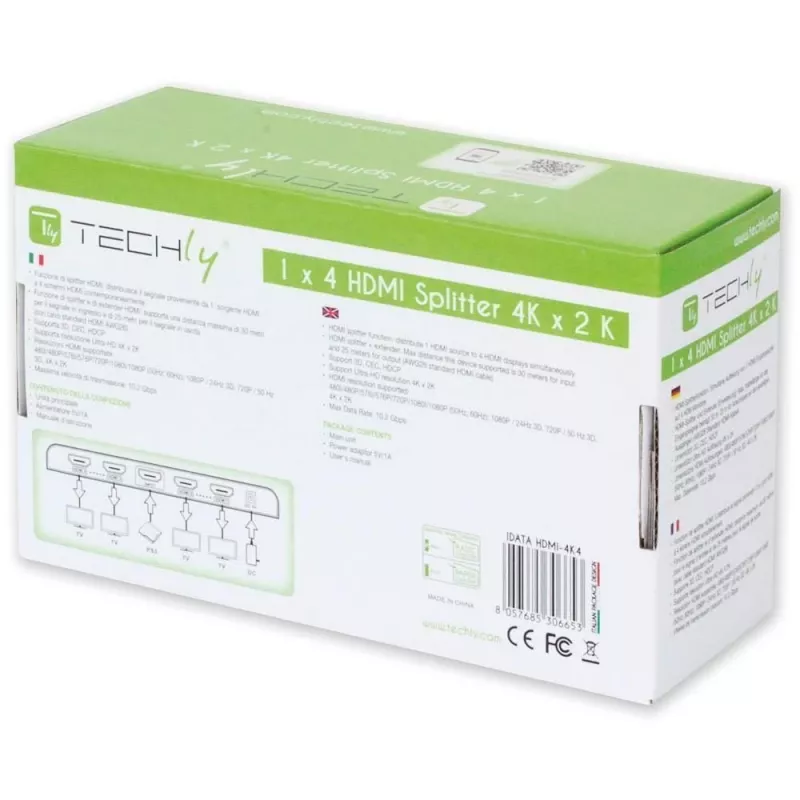 Techly HDMI sadalītājs, 4 virzienu, 4K*2K, IDATA HDMI-4K4, HDMI, 4x HDMI, 1x HDMI F, 4096 x 2160 pikseļi, melns, 36 biti