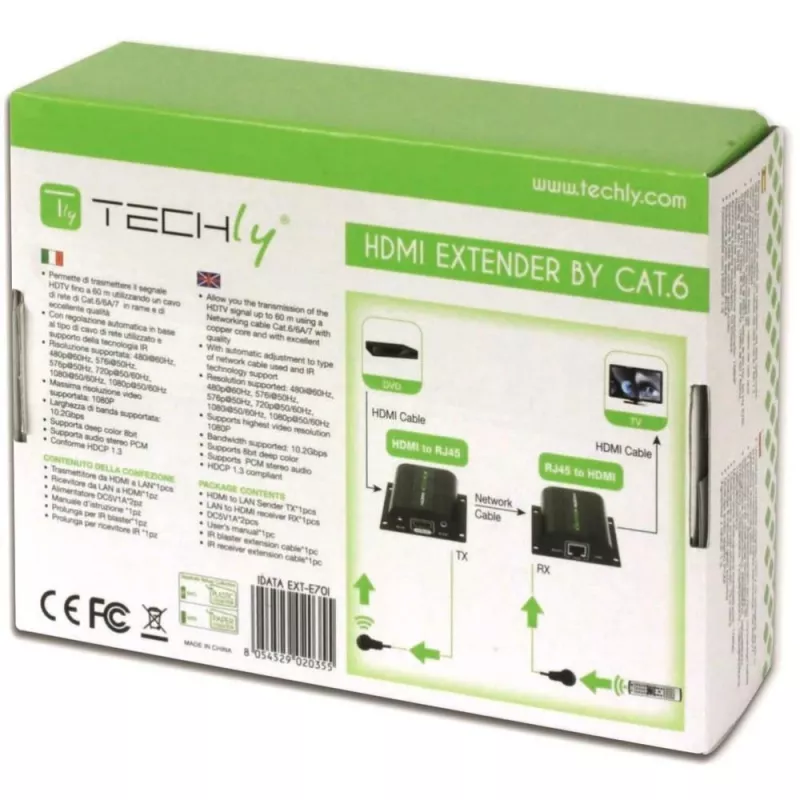 Techly HDMI paplašinātājs Full HD uz Cat.5E / 6 / 6A / 7 kabeļa, maks. 60 m, automātiska regulēšana IDATA EXT-E70I