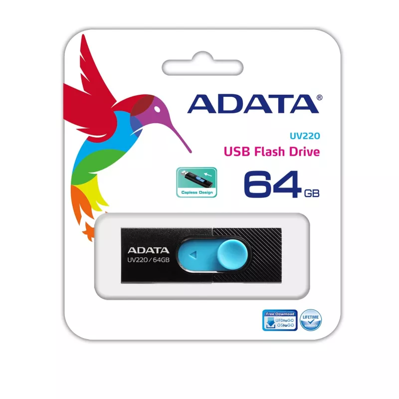 ADATA UV220 USB zibatmiņa 64 GB USB Type-A 2.0 Melna, Zila
