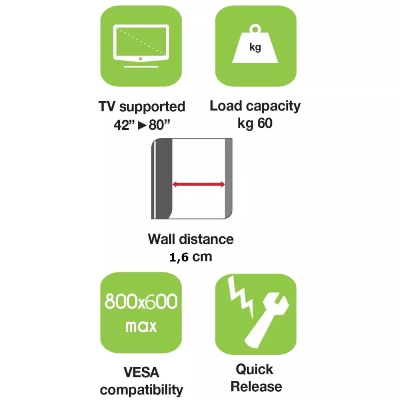 Techly sienas stiprinājums LED LCD televizoram 42-80, īpaši plāns, fiksēts, H600mm, ICA-PLB 860