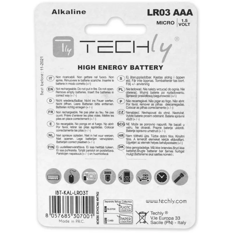 Techly Blister 4 baterijas High Power Mini Stilo AAA sārma LR03 1,5V IBT-KAL-LR03T