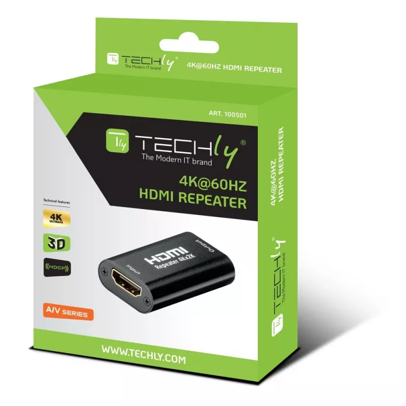 AV retranslators TECHLY IDATA-HDMI2-RIP4KT — HDMI 2.0, HDCP 2.2, 4096×2160, maks. attālums 40 m, melns