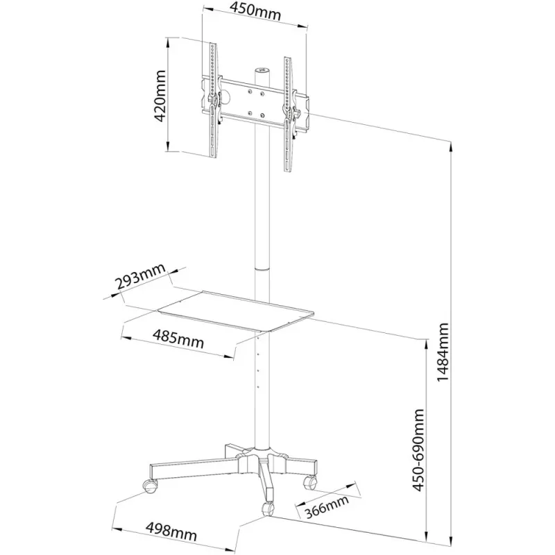 Techly Trolley Floor Stand LCD/LED/Plasma 23 inch-55 inch, 58.4 cm (23 inch), 139.7 cm (55 inch), 50 x 50 mm, 400 x 400 mm, -15 - 15°, Melns