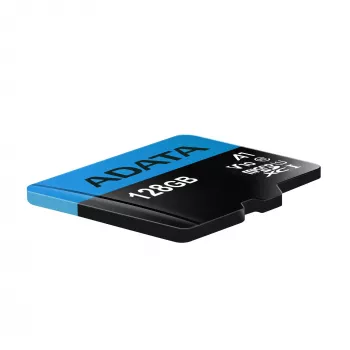 MicroSDXC zibatmiņa ADATA 128 GB UHS‑I Class 10 — 85 MB/s lasīšana, 25 MB/s rakstīšana, ūdensizturīga, ar SD adapteri
