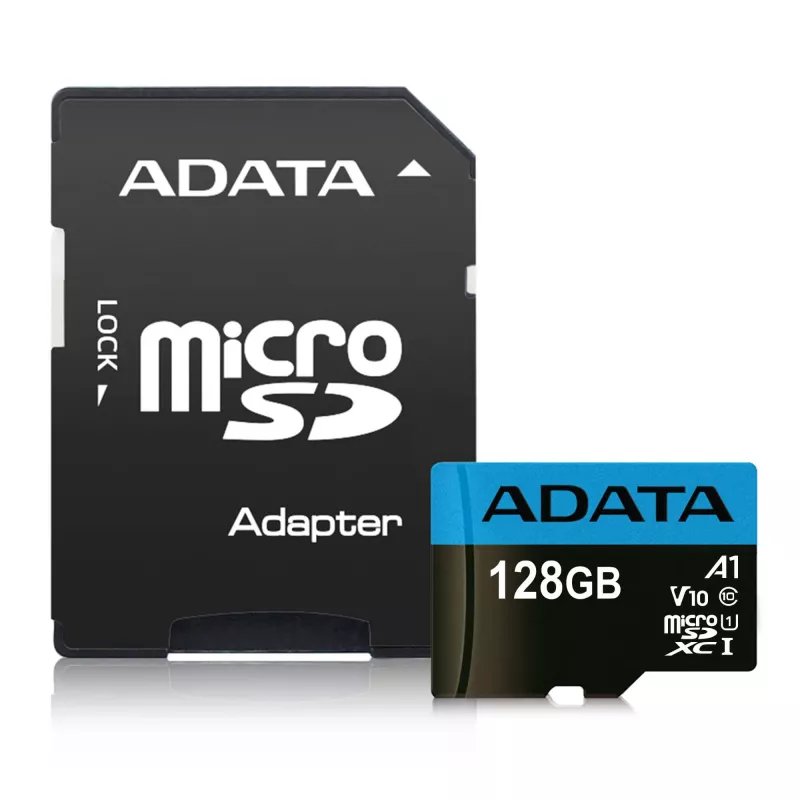 MicroSDXC zibatmiņa ADATA 128 GB UHS‑I Class 10 — 85 MB/s lasīšana, 25 MB/s rakstīšana, ūdensizturīga, ar SD adapteri