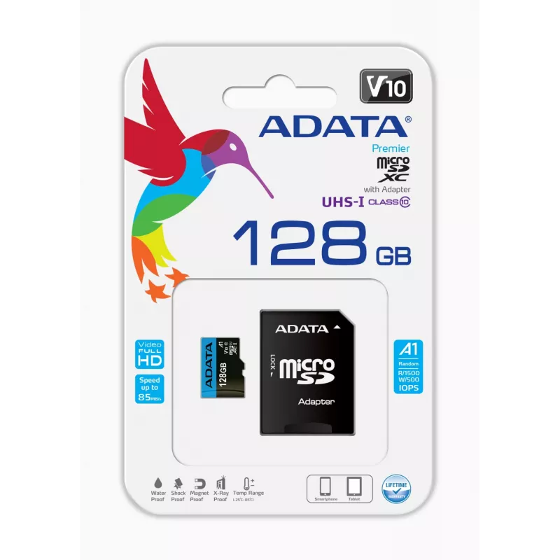 MicroSDXC zibatmiņa ADATA 128 GB UHS‑I Class 10 — 85 MB/s lasīšana, 25 MB/s rakstīšana, ūdensizturīga, ar SD adapteri