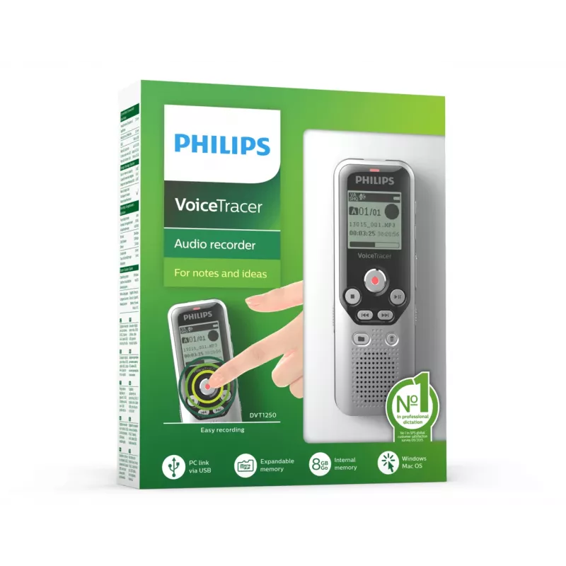 Philips DVT1250 diktofons ar iekšējo atmiņu un zibatmiņas karti, melns, pelēks