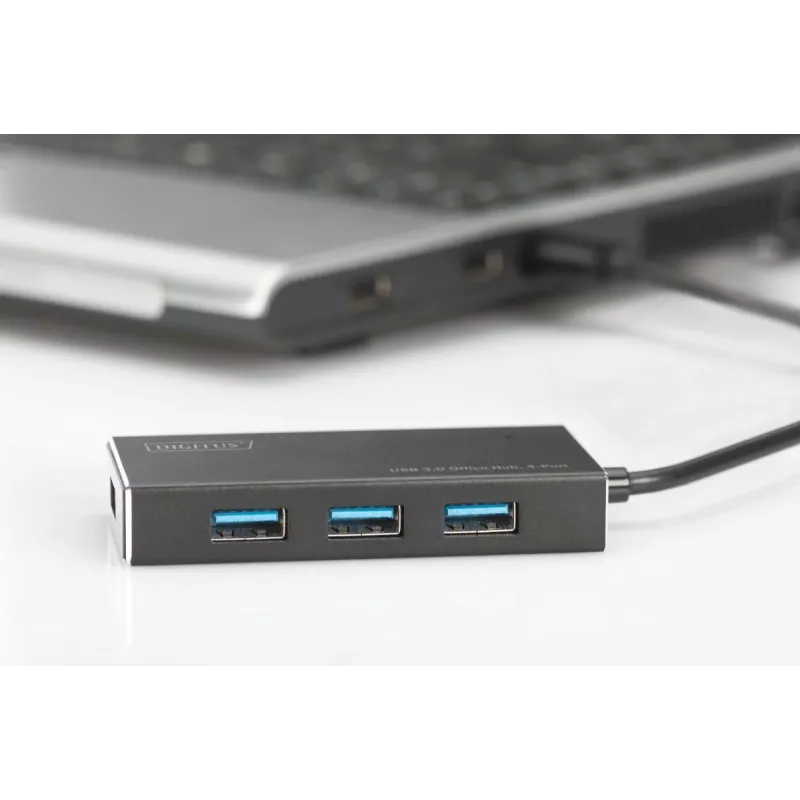 DIGITUS USB 3.0 centrmezgls, 4 portu, ietver 5V/2A barošanas bloku, alumīnija korpuss