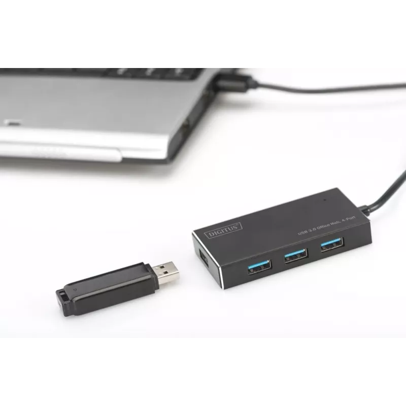 DIGITUS USB 3.0 centrmezgls, 4 portu, ietver 5V/2A barošanas bloku, alumīnija korpuss