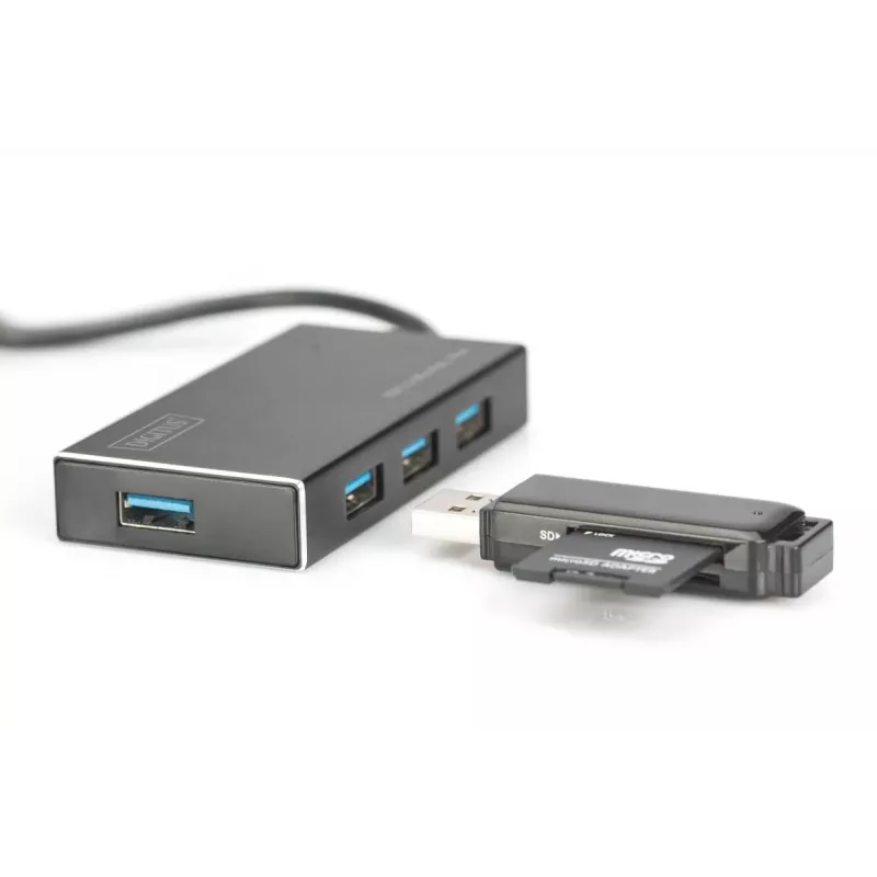 DIGITUS USB 3.0 centrmezgls, 4 portu, ietver 5V/2A barošanas bloku, alumīnija korpuss