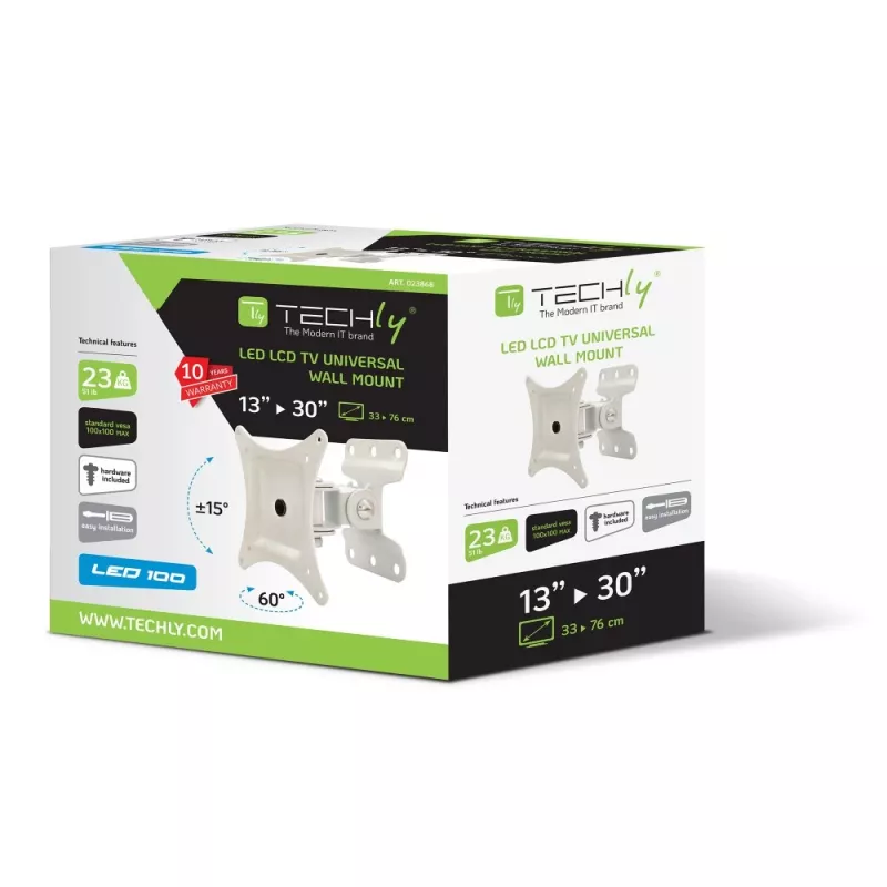 Techly sienas stiprinājums LCD LED 13-30 collām, pilnas kustības, balts