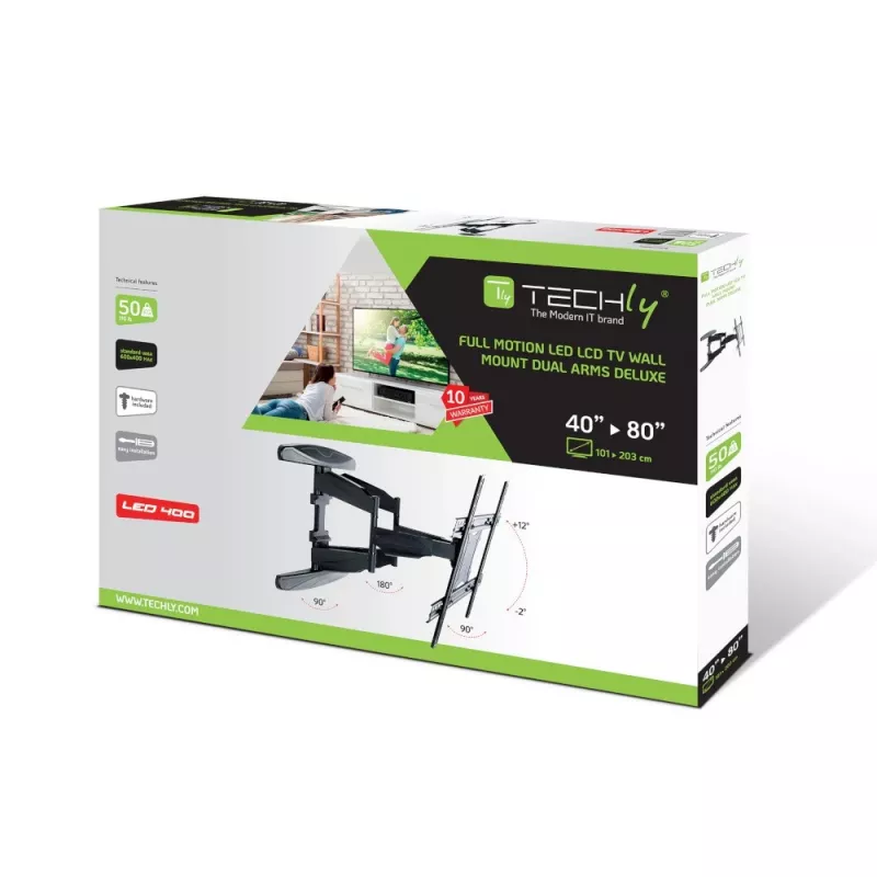 Techly 40-80 īpaši plāns, pilnas kustības LCD TV stiprinājuma kronšteins pie sienai, melns, ICA-PLB 172L