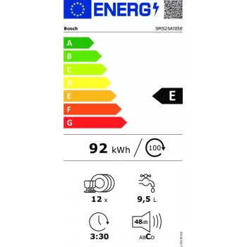 Brīvi stāvoša trauku mazgājamā mašīna Bosch SMS25AI05E — pilna izmēra 60 cm, 12 trauku komplekti, 48 dB, energoefektivitātes klase E