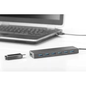 DIGITUS USB 3.0 centrmezgls, 7 porti, ieskaitot 5V/3,5A barošanas bloku, alumīnija korpuss
