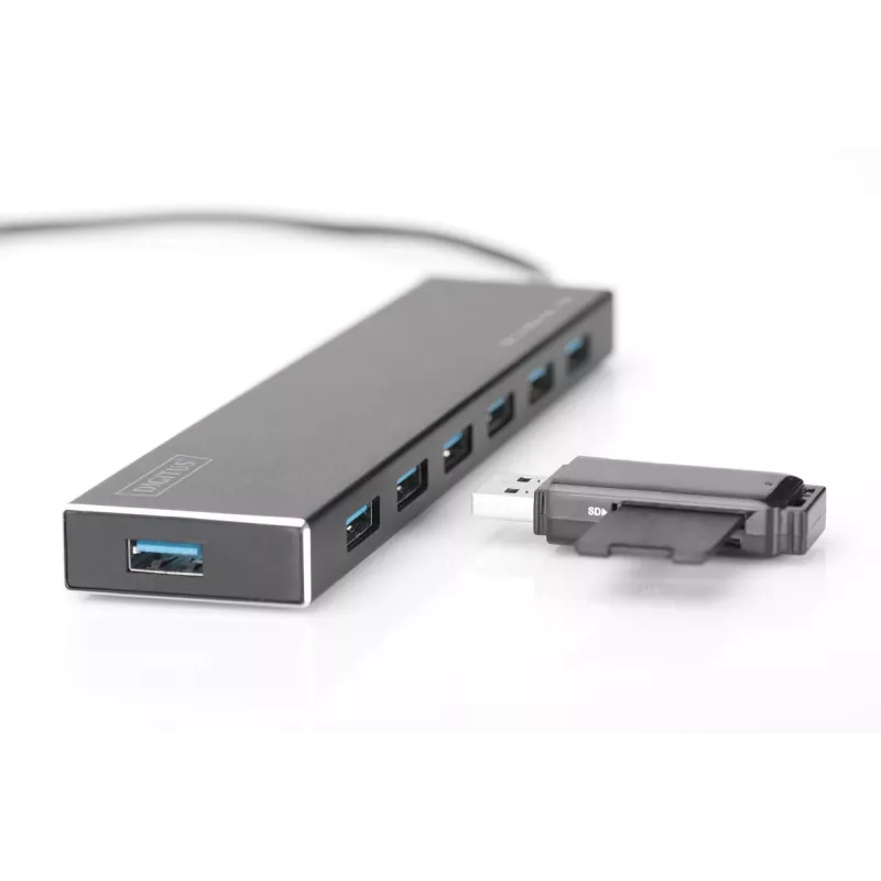 DIGITUS USB 3.0 centrmezgls, 7 porti, ieskaitot 5V/3,5A barošanas bloku, alumīnija korpuss