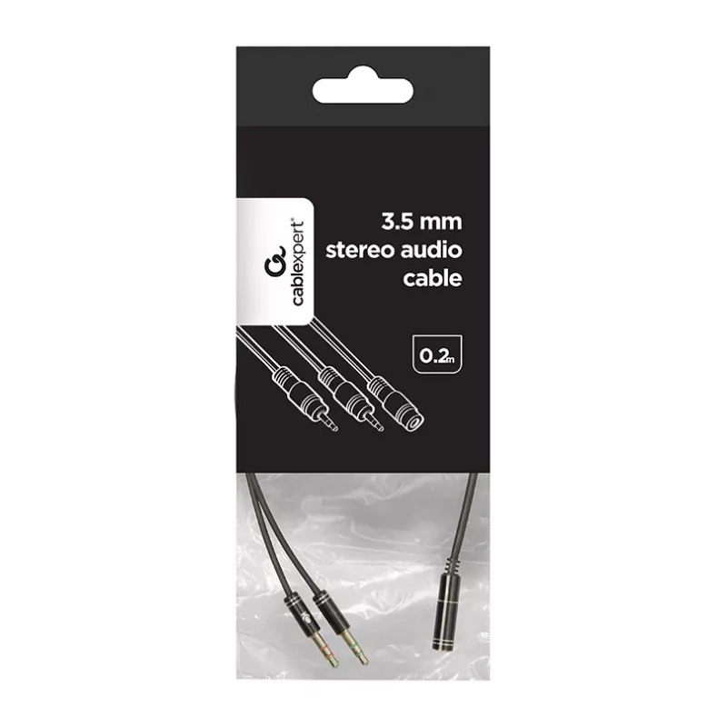 Audio adapter Gembird CCA-418M 3.5 mm ligzda uz 2×3.5 mm spraudnis, 0,2 m, melns