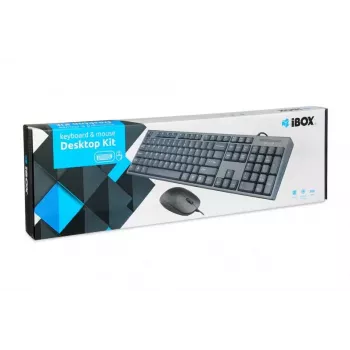 Vadu klaviatūras un peles komplekts IBOX IKMS606 — pilna izmēra QWERTY UK angļu klaviatūra, USB, melna, pele 800 DPI
