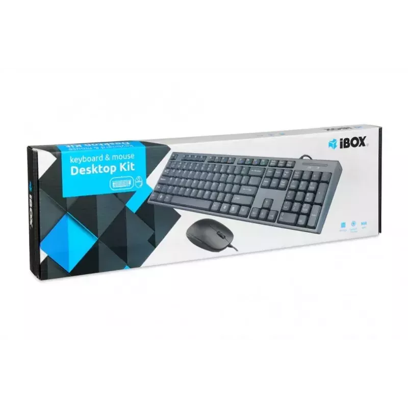 Vadu klaviatūras un peles komplekts IBOX IKMS606 — pilna izmēra QWERTY UK angļu klaviatūra, USB, melna, pele 800 DPI