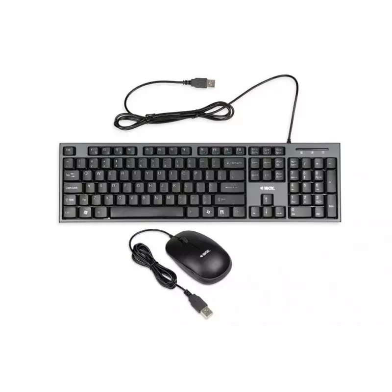 Vadu klaviatūras un peles komplekts IBOX IKMS606 — pilna izmēra QWERTY UK angļu klaviatūra, USB, melna, pele 800 DPI