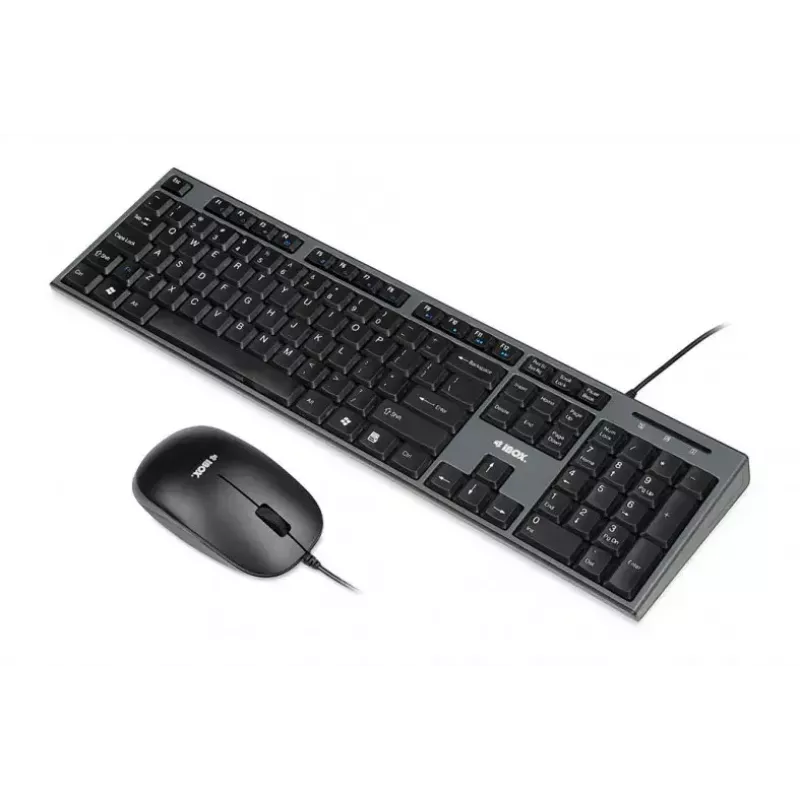 Vadu klaviatūras un peles komplekts IBOX IKMS606 — pilna izmēra QWERTY UK angļu klaviatūra, USB, melna, pele 800 DPI