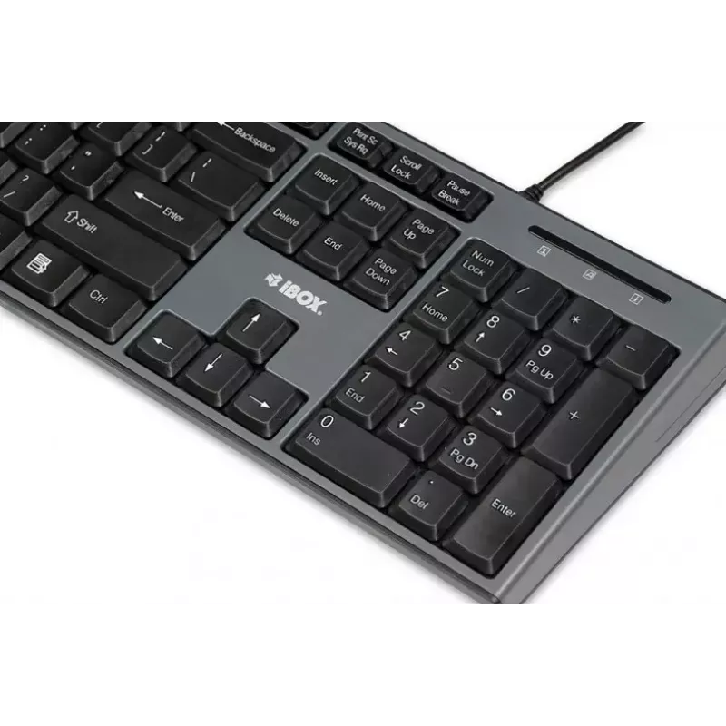 Vadu klaviatūras un peles komplekts IBOX IKMS606 — pilna izmēra QWERTY UK angļu klaviatūra, USB, melna, pele 800 DPI