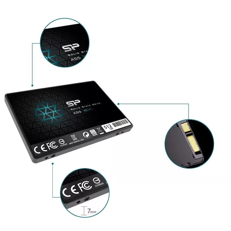 2,5 collu SATA III SSD Silicon Power Ace A55 — 512 GB, 3D TLC, līdz 560/530 MB/s, 7 mm, melns