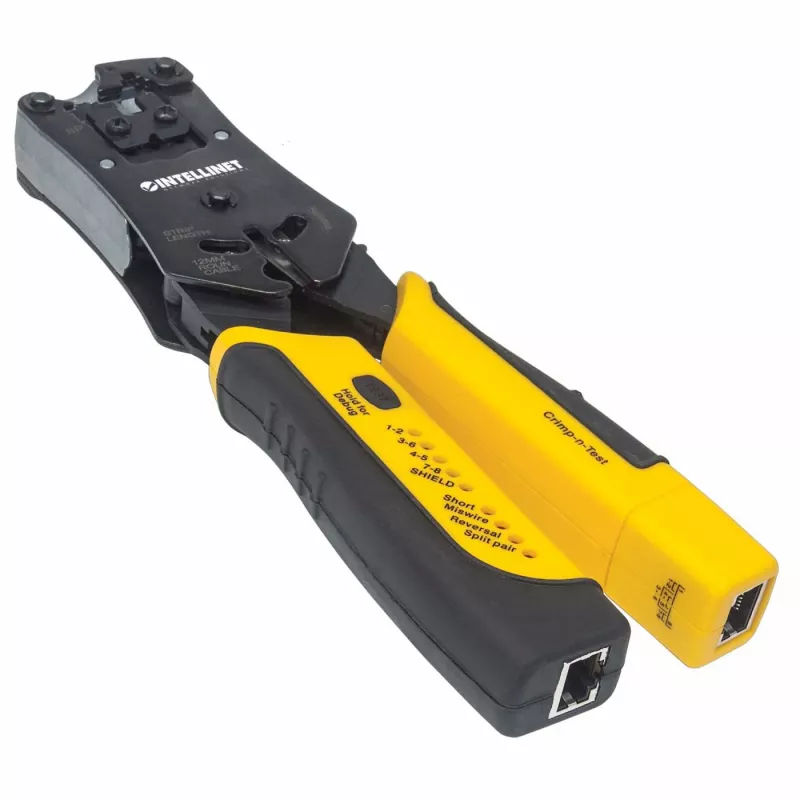 Intellinet Universal Modular Plug Crimping Tool and kabelis Tester, 2-in-1 Crimper and kabelis Tester: Cuts, Strips, Terminates and Tests, RJ45/RJ11/RJ12/RJ22