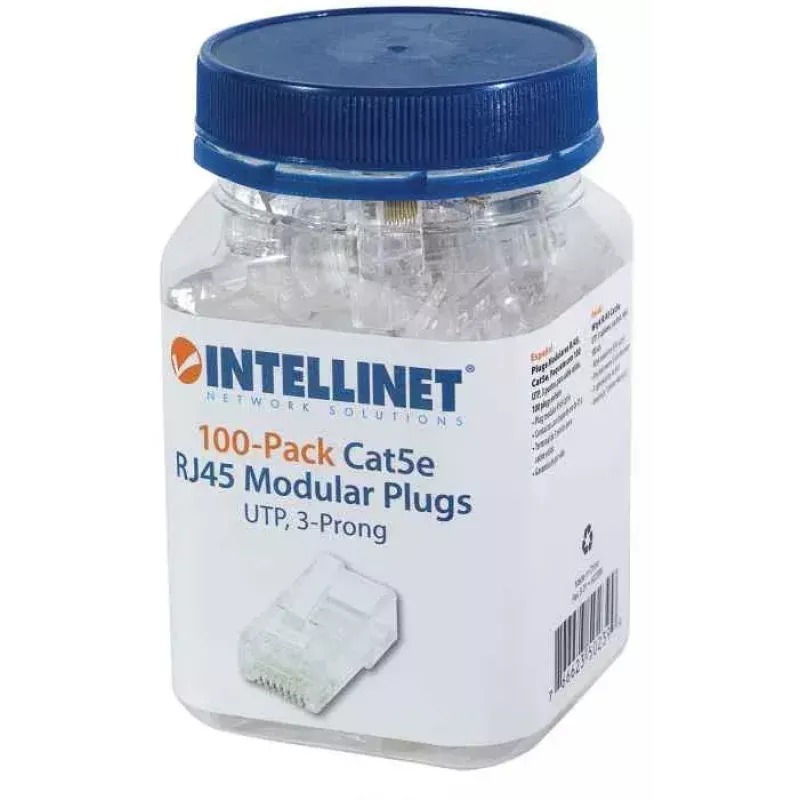 Intellinet RJ45 modulārie spraudņi, Cat5e, UTP, 3 zaru, cietam vadam, 15 µ apzeltīti kontakti, 100 gab. iepakojums
