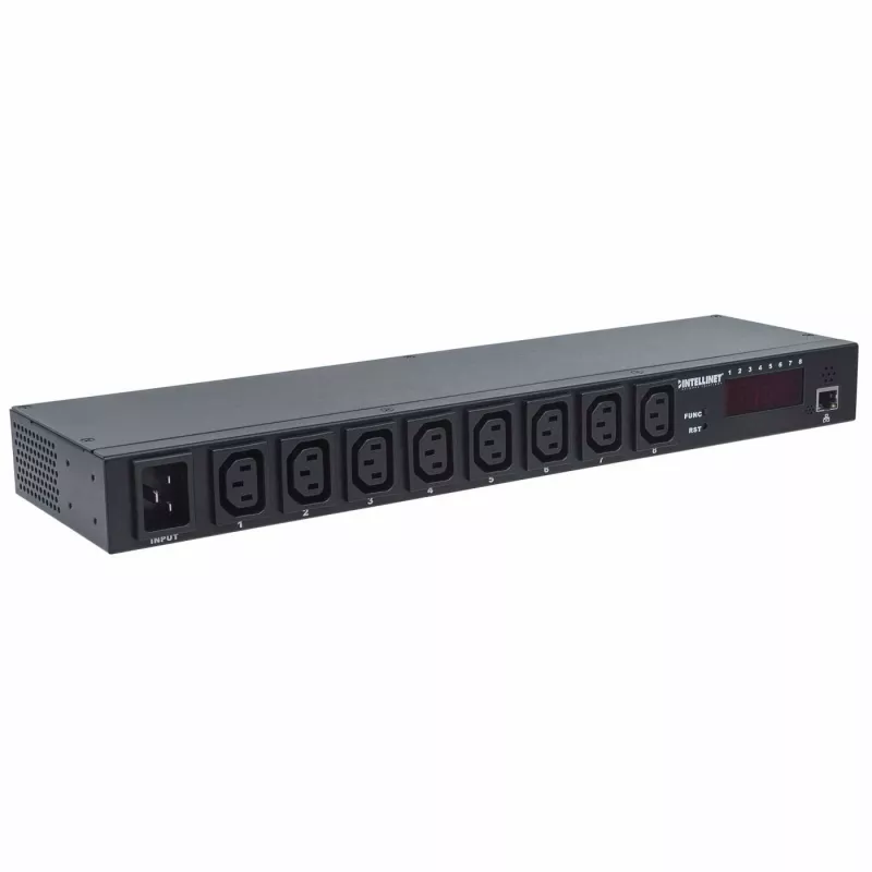 Intellinet 19 inch inteliģentais 8 portu PDU, 19 inch statņu montējams C13 inteliģentais strāvas sadales bloks; uzrauga jaudu, temperatūru un mitrumu