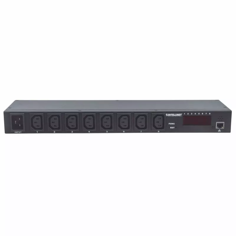 Intellinet 19 inch inteliģentais 8 portu PDU, 19 inch statņu montējams C13 inteliģentais strāvas sadales bloks; uzrauga jaudu, temperatūru un mitrumu