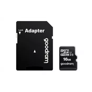MicroSDHC atmiņas karte GOODRAM 16 GB Class 10 UHS-I (U1), lasīšana 100 MB/s, rakstīšana 10 MB/s, aizsardzība pret magnētiem, ar SD adapteri