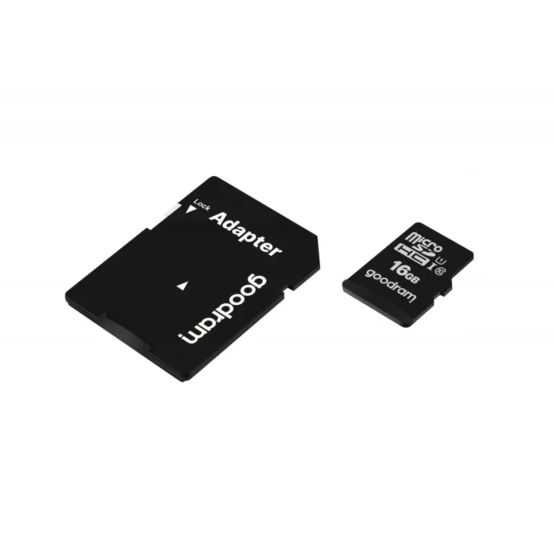MicroSDHC atmiņas karte GOODRAM 16 GB Class 10 UHS-I (U1), lasīšana 100 MB/s, rakstīšana 10 MB/s, aizsardzība pret magnētiem, ar SD adapteri