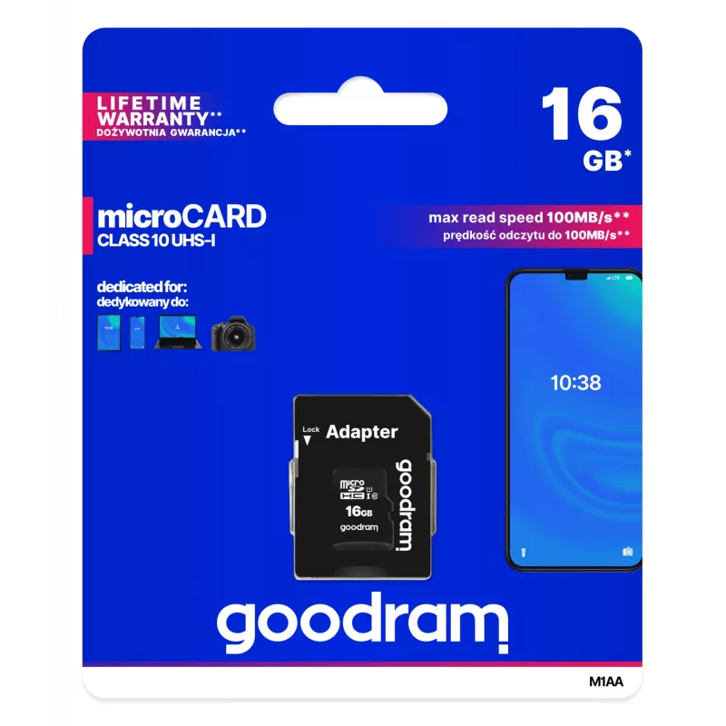 MicroSDHC atmiņas karte GOODRAM 16 GB Class 10 UHS-I (U1), lasīšana 100 MB/s, rakstīšana 10 MB/s, aizsardzība pret magnētiem, ar SD adapteri
