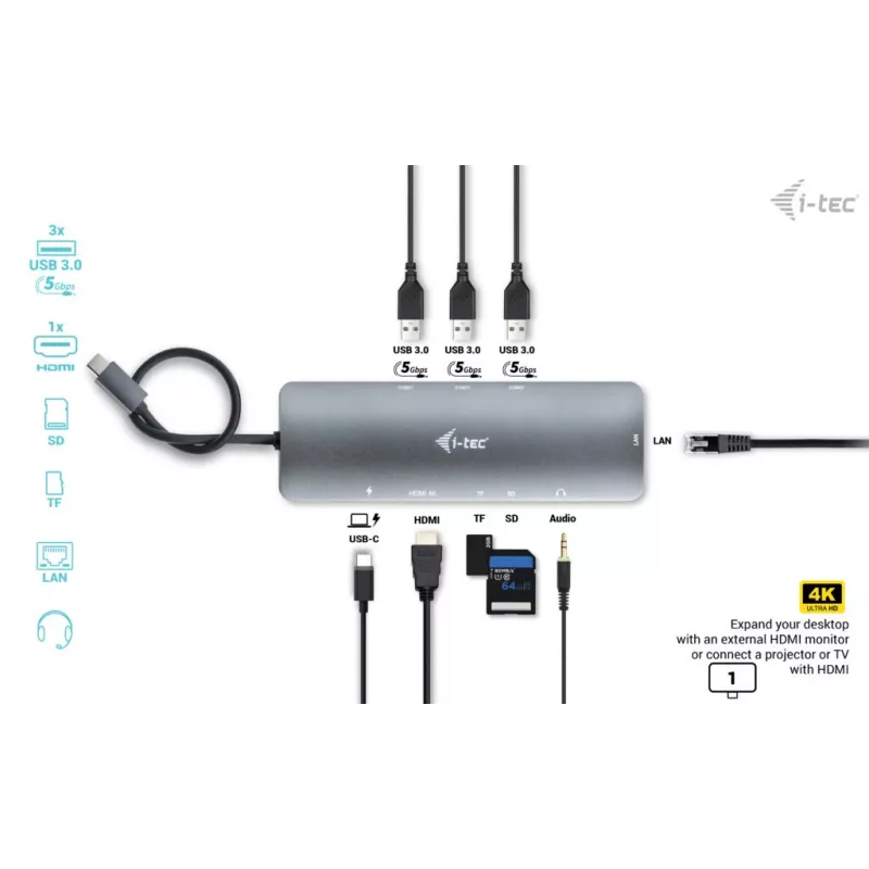 Dokstacija i-tec Metal USB-C Nano dokstacija 4K HDMI LAN strāvas padeve 100 W
