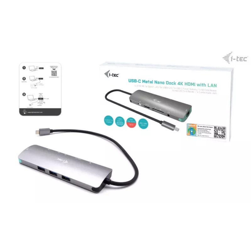 Dokstacija i-tec Metal USB-C Nano dokstacija 4K HDMI LAN strāvas padeve 100 W