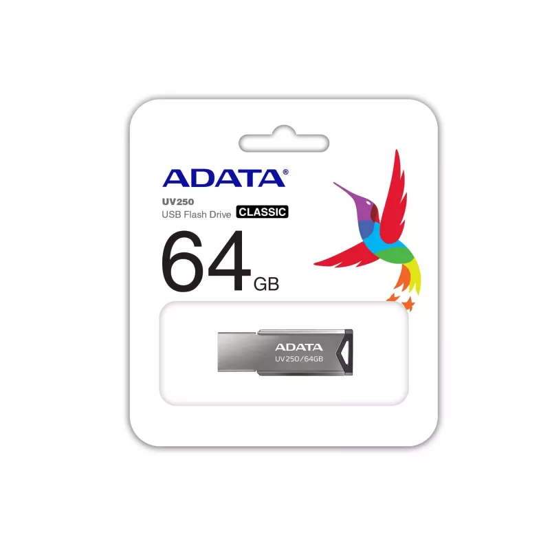 CompactFlash USB zibatmiņa ADATA UV250 64 GB, sudraba krāsā, 45.4×14.9×5.35 mm, 5.6 g