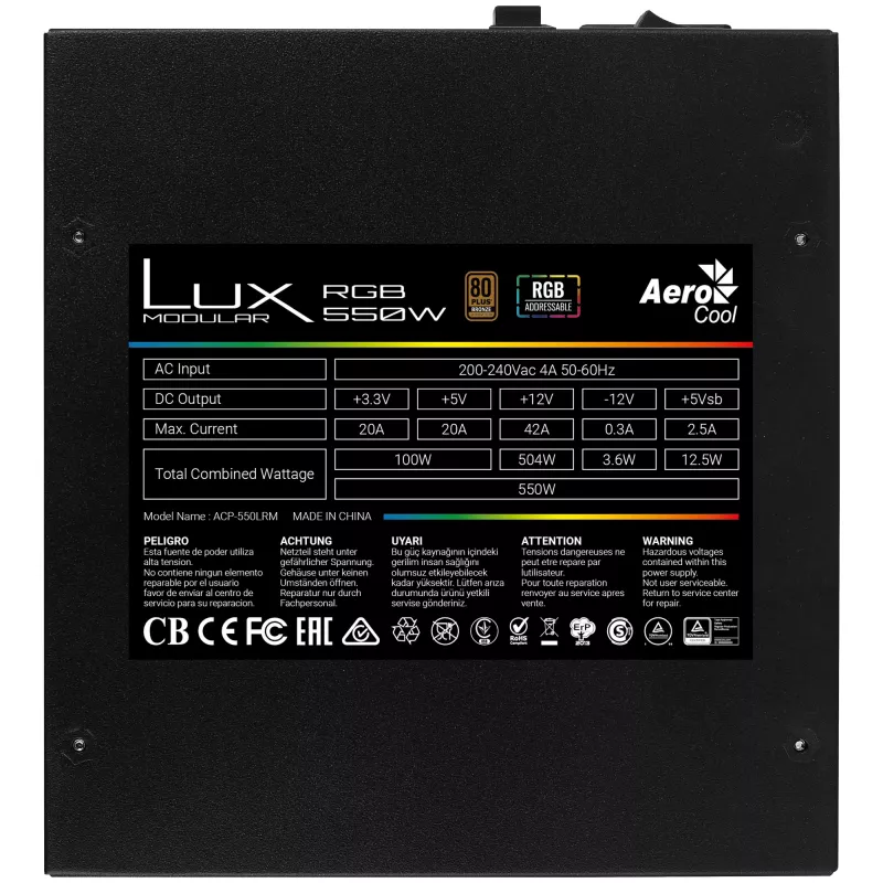 Aerocool LUXRGB550M RGB modulārs datora barošanas bloks 550W 80Plus Bronze 230V melns