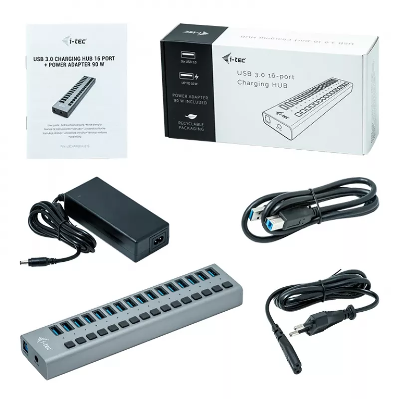 i-tec USB 3.0 uzlādes centrmezgls 16 porti + barošanas adapteris 90 W