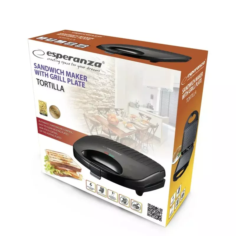 Electric Tortilla Maker ESPERANZA EKT009 1000W, non-stick plates, 2 tortillas, Melns