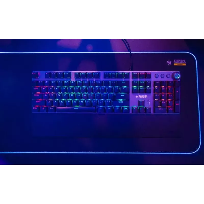 Vadu mehāniskā spēļu tastatūra IBOX AURORA K-4 — QWERTY, 108 taustiņi, regulējams LED fona apgaismojums, ūdensizturīga, USB, 1,6 m kabelis