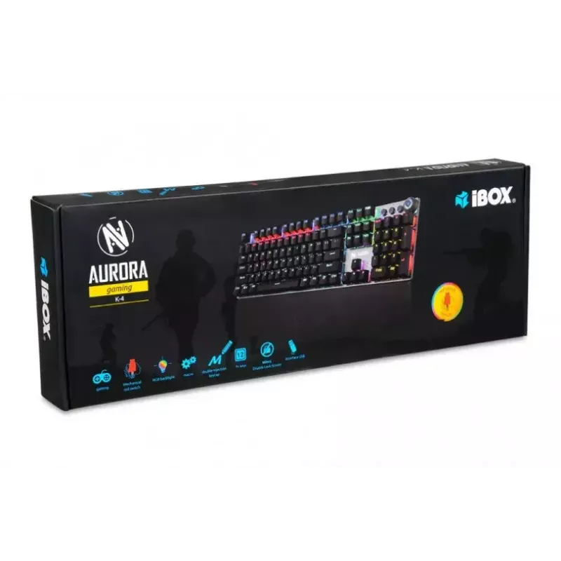 Vadu mehāniskā spēļu tastatūra IBOX AURORA K-4 — QWERTY, 108 taustiņi, regulējams LED fona apgaismojums, ūdensizturīga, USB, 1,6 m kabelis