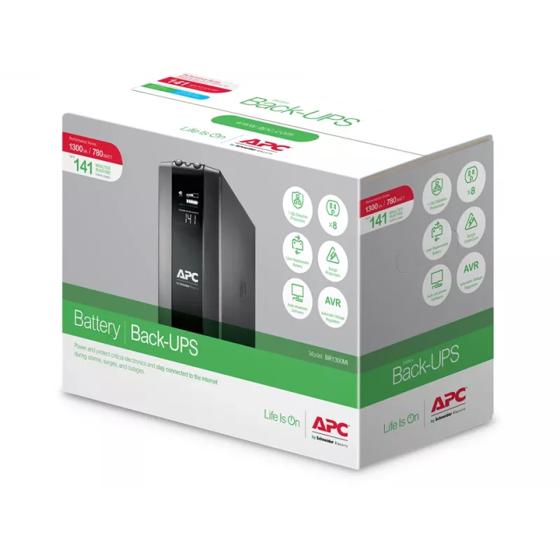 APC Back-UPS Pro, 1300VA/780W, Tornis, 230V, 8x IEC C13 kontaktligzdas, AVR, LCD, lietotāja nomaināms akumulators