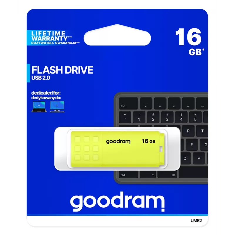 USB zibatmiņa GOODRAM UME2 16 GB, USB 2.0 Type-A, dzeltena, 51×21 mm
