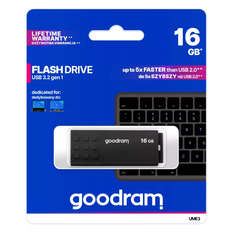 USB zibatmiņa GOODRAM UME3 16 GB USB Type-A 3.2 Gen 1 (USB 3.0), melna, 60/20 MB/s
