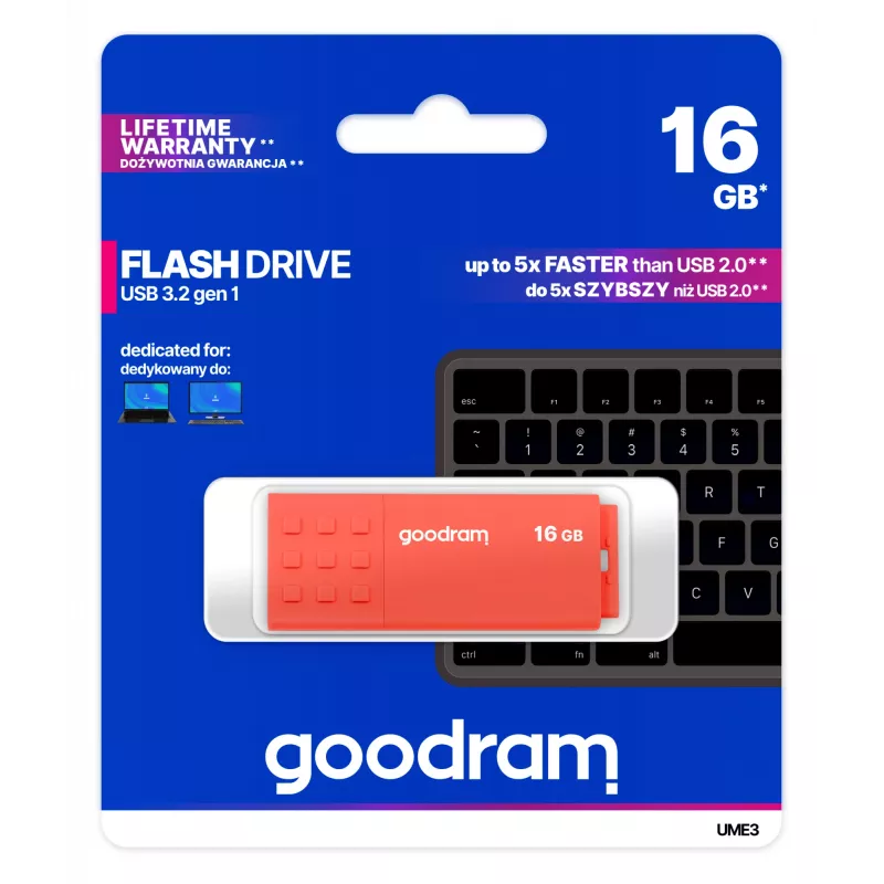 USB zibatmiņa GOODRAM UME3 16 GB USB Type-A 3.2 Gen 1 (oranža), 60/20 MB/s, bez vāciņa plastmasas korpuss