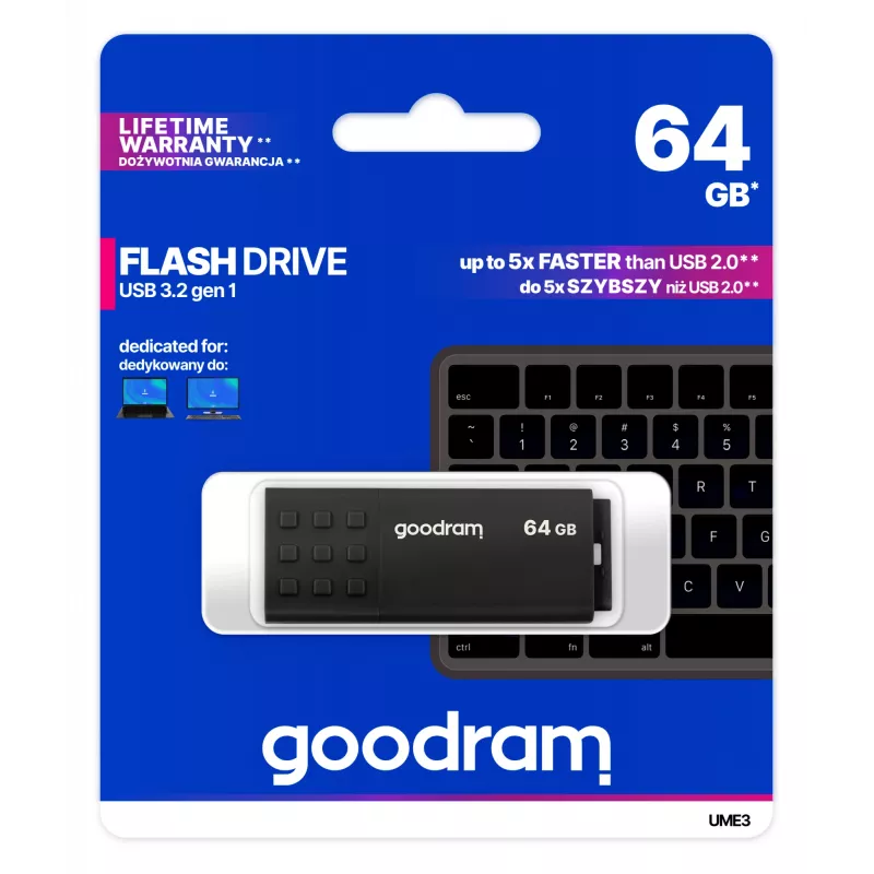 USB zibatmiņas disks GOODRAM UME3 64 GB USB Type-A 3.2 Gen 1, lasīšana 60 MB/s, rakstīšana 20 MB/s, melna